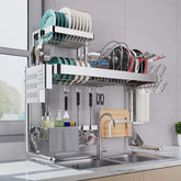 Large over-sink dish drying rack with multi-function organizer shelf for efficient kitchen storage